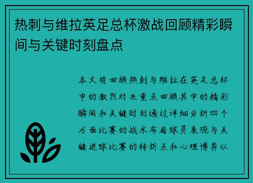 热刺与维拉英足总杯激战回顾精彩瞬间与关键时刻盘点